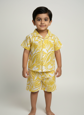 Yellow Floral cotton shirt and short set