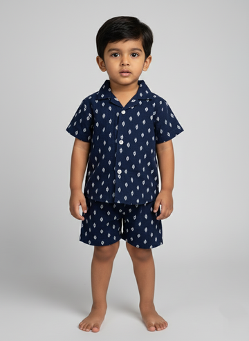Indigo Navy Ikat cotton shirt and short set
