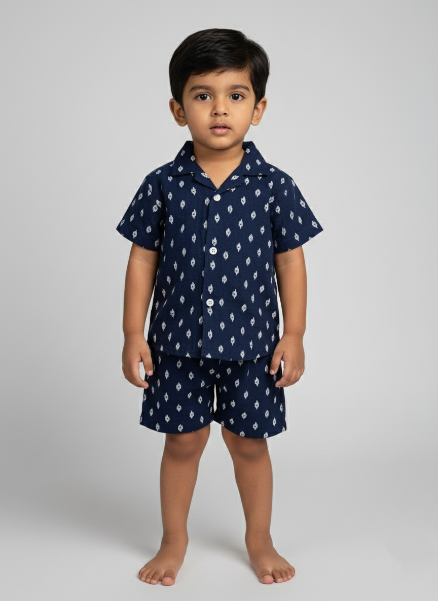 Indigo Navy Ikat cotton shirt and short set