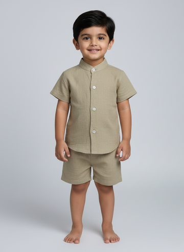 Solid khaki set cotton shirt and short set