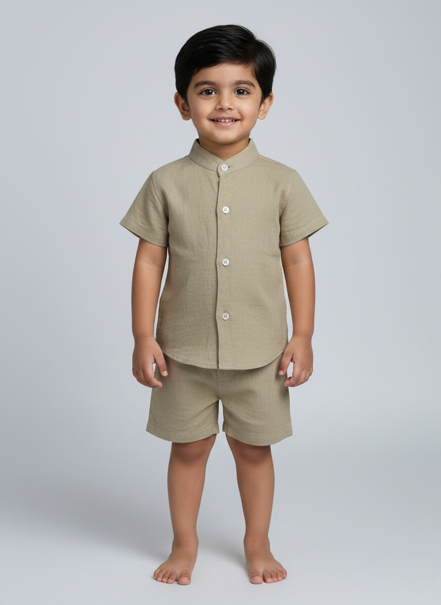 Solid khaki set cotton shirt and short set