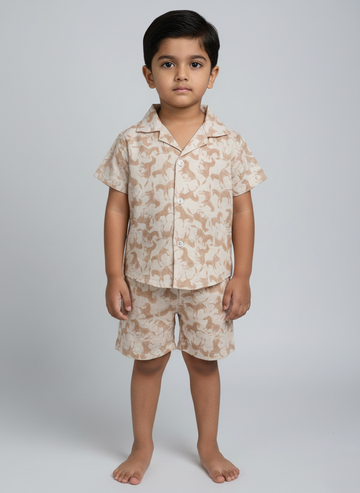 Tan Horse Print cotton shirt and short set