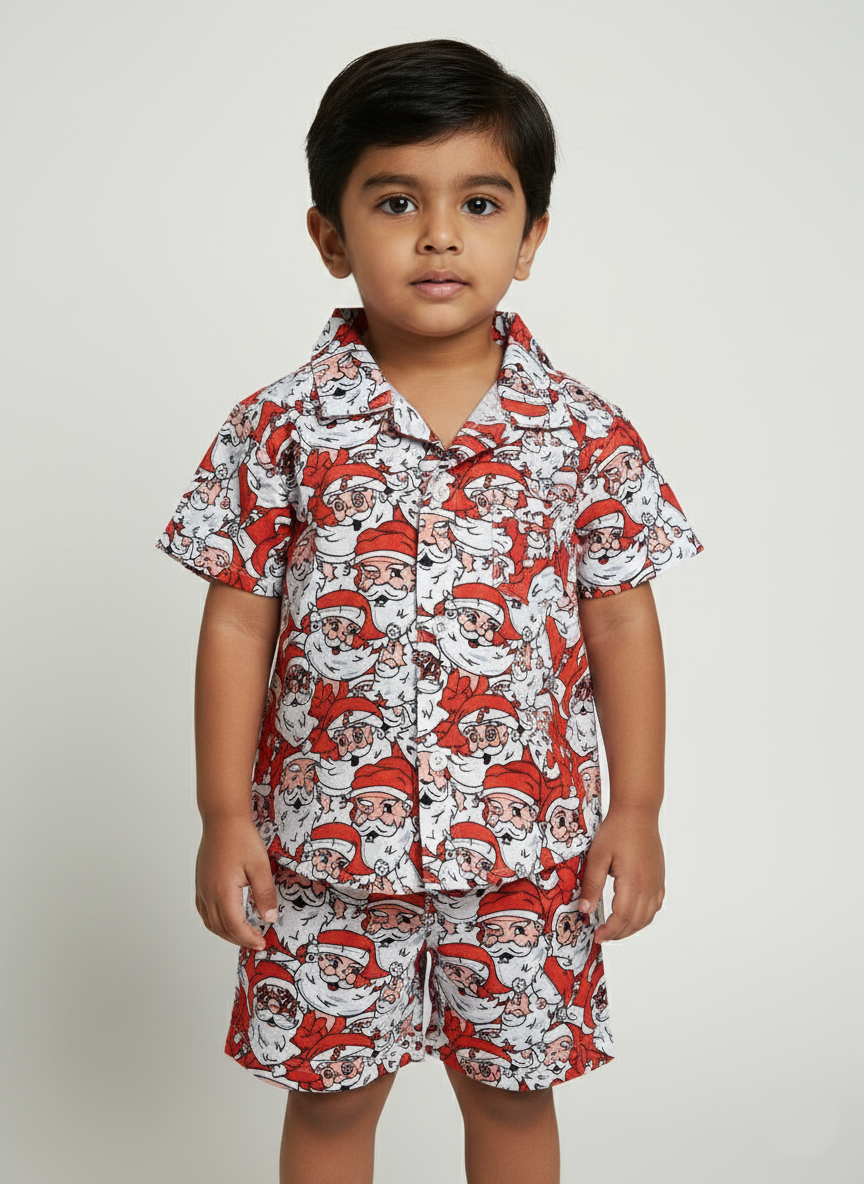 Santa print cotton shirt and short set