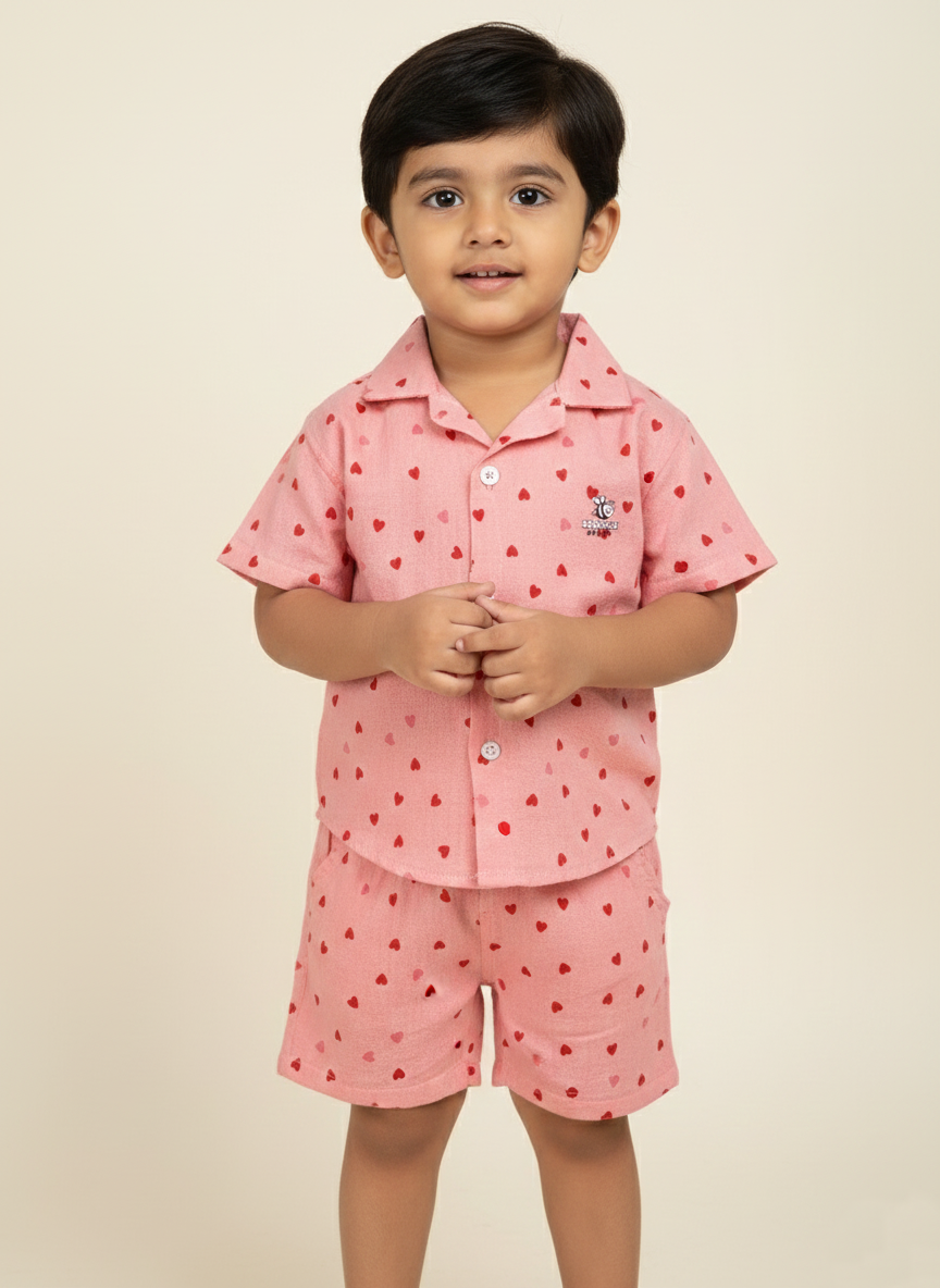 Pink Heart cotton shirt and short set
