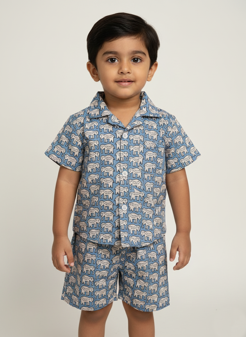 Dusty Blue elephant boys cotton shirt and short set