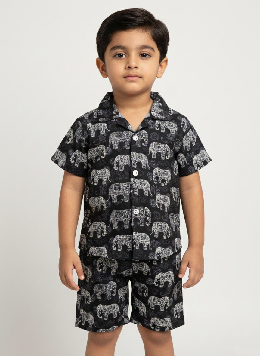 Classic Black Elephant cotton shirt and short set