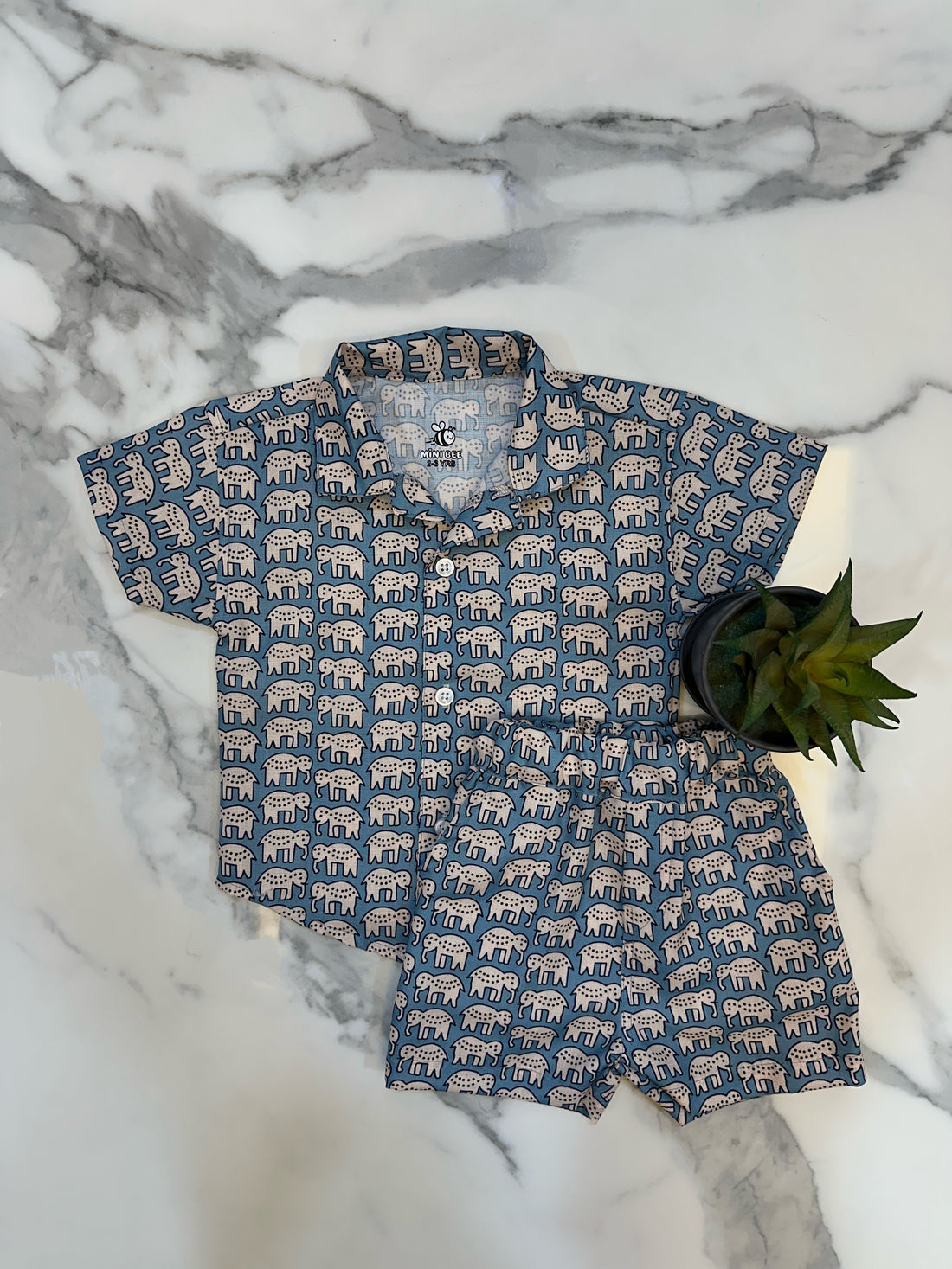 Dusty Blue elephant boys cotton shirt and short set