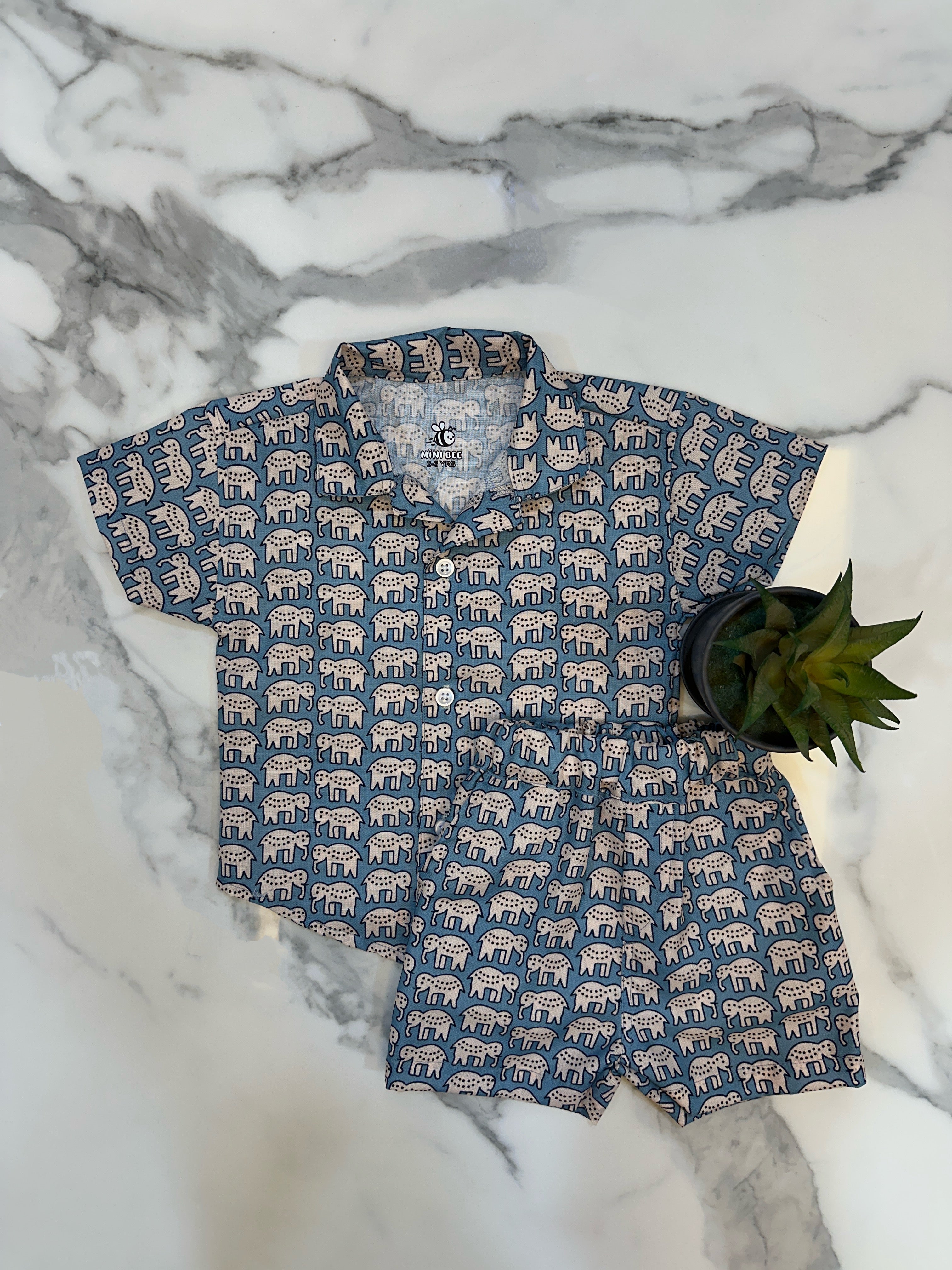 Dusty Blue elephant boys cotton shirt and short set