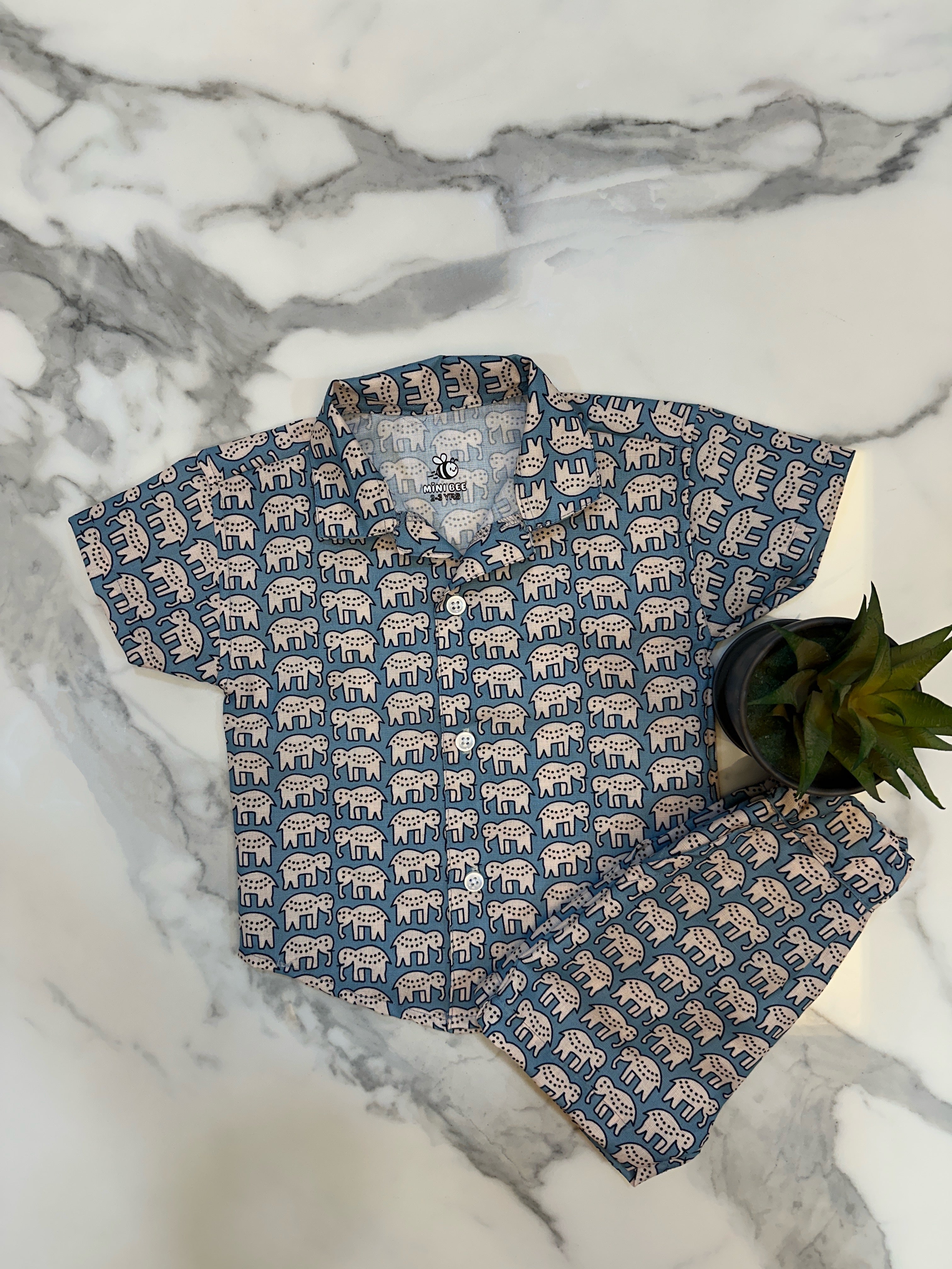 Dusty Blue elephant boys cotton shirt and short set