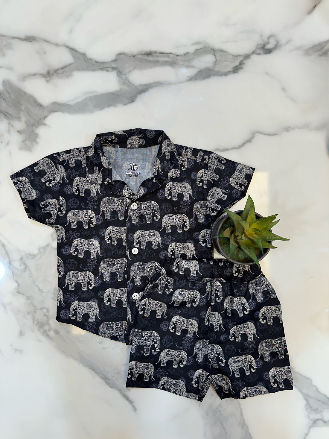 Classic Black Elephant cotton shirt and short set