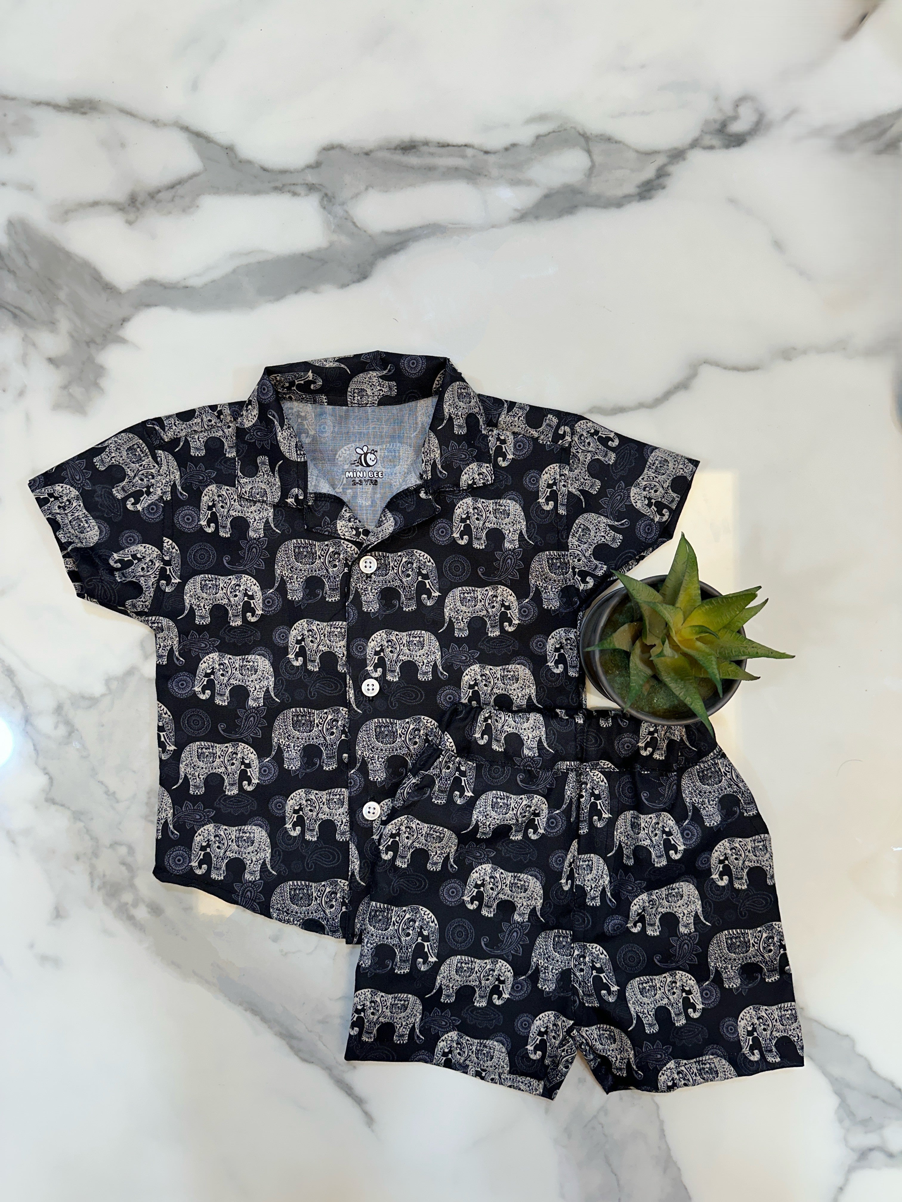 Classic Black Elephant cotton shirt and short set