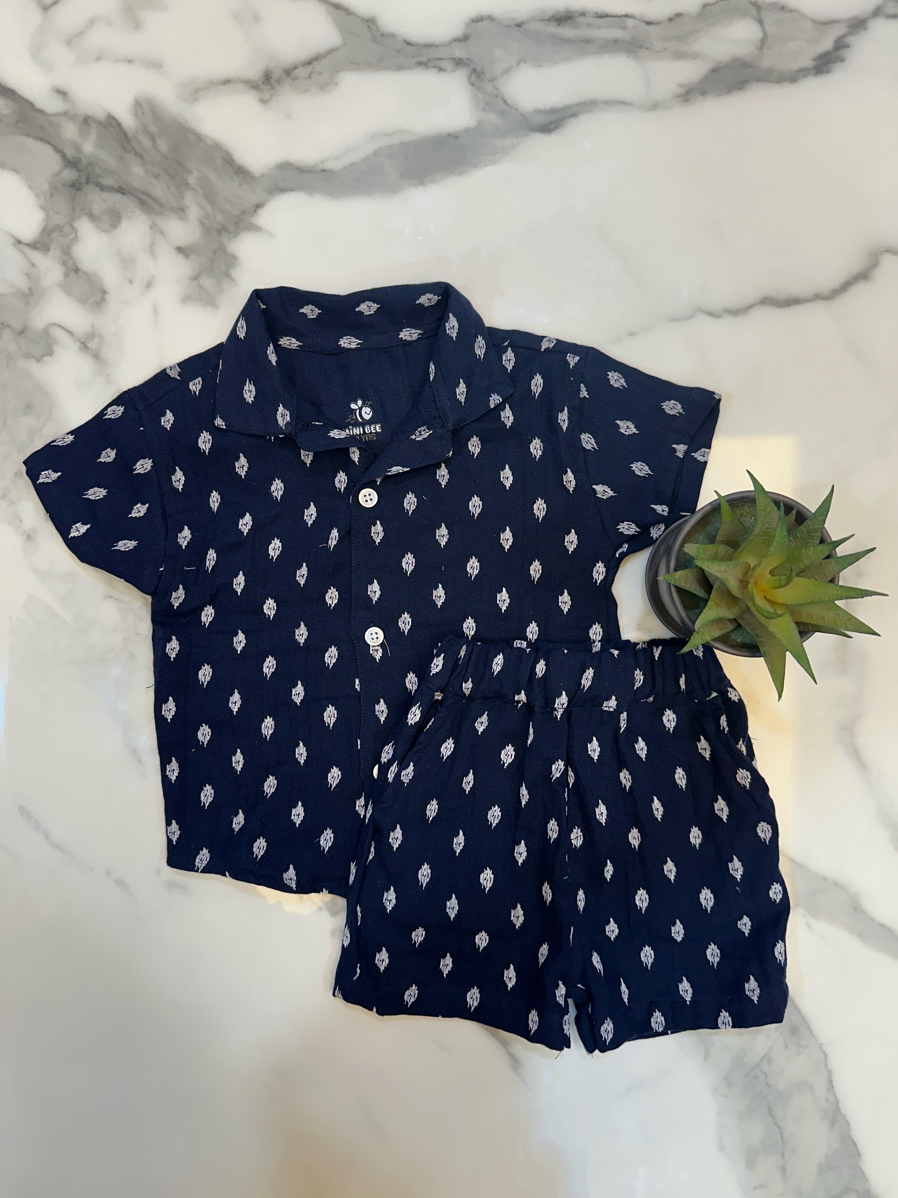 Indigo Navy Ikat cotton shirt and short set