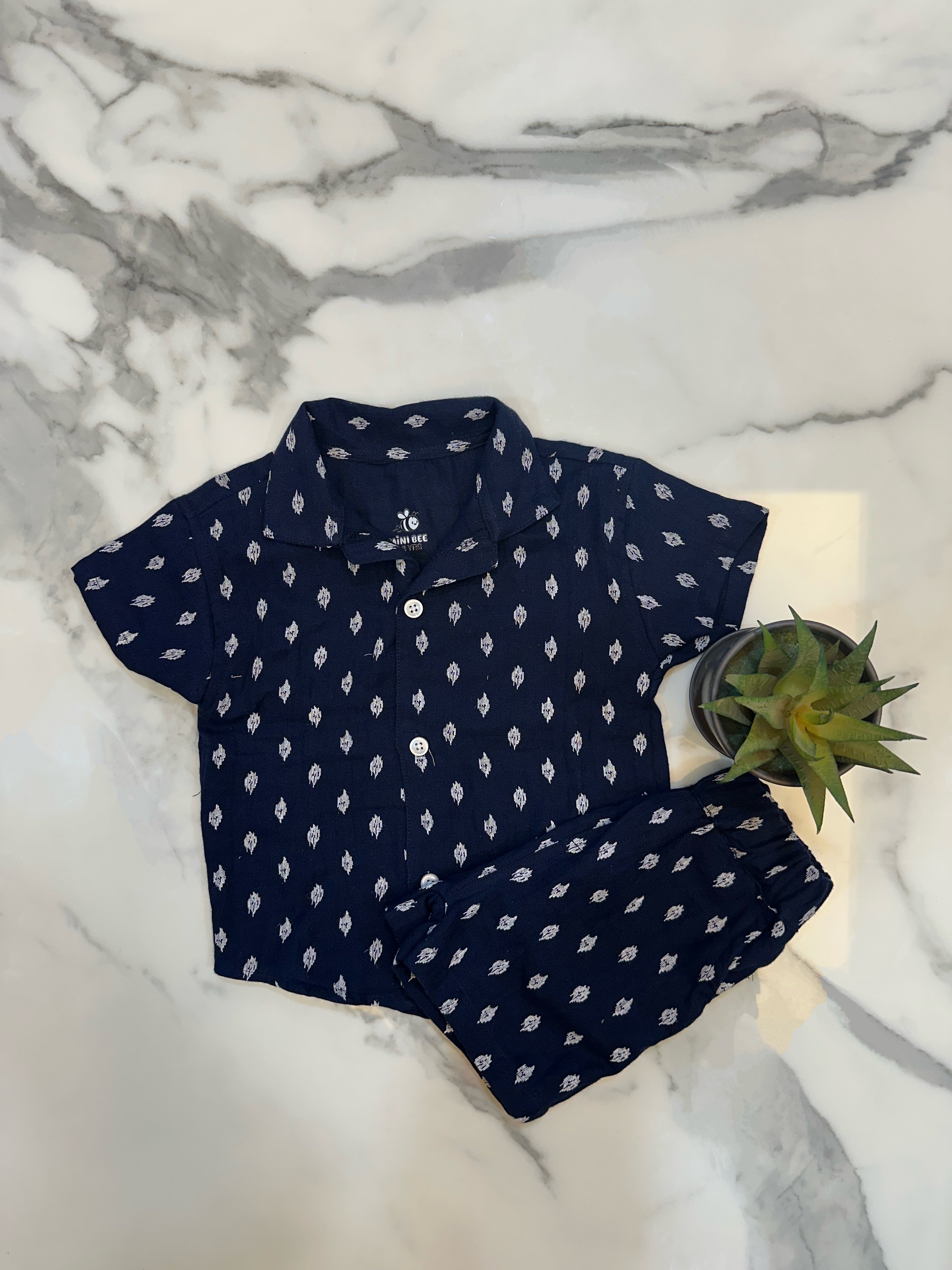 Indigo Navy Ikat cotton shirt and short set