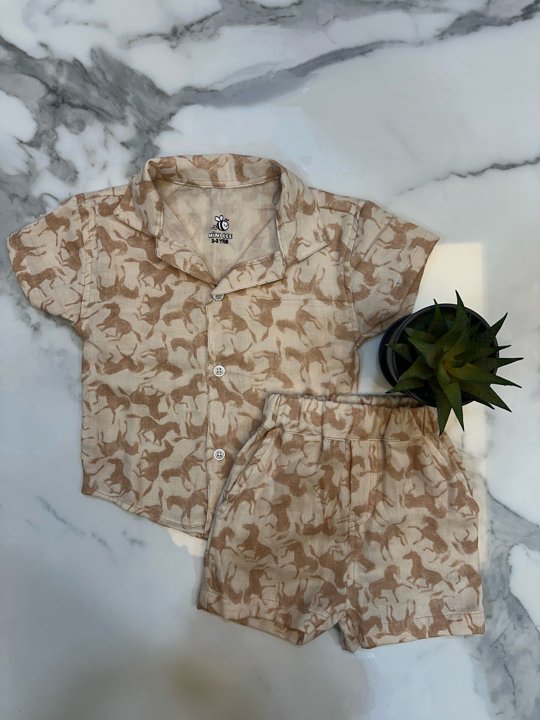 Tan Horse Print cotton shirt and short set