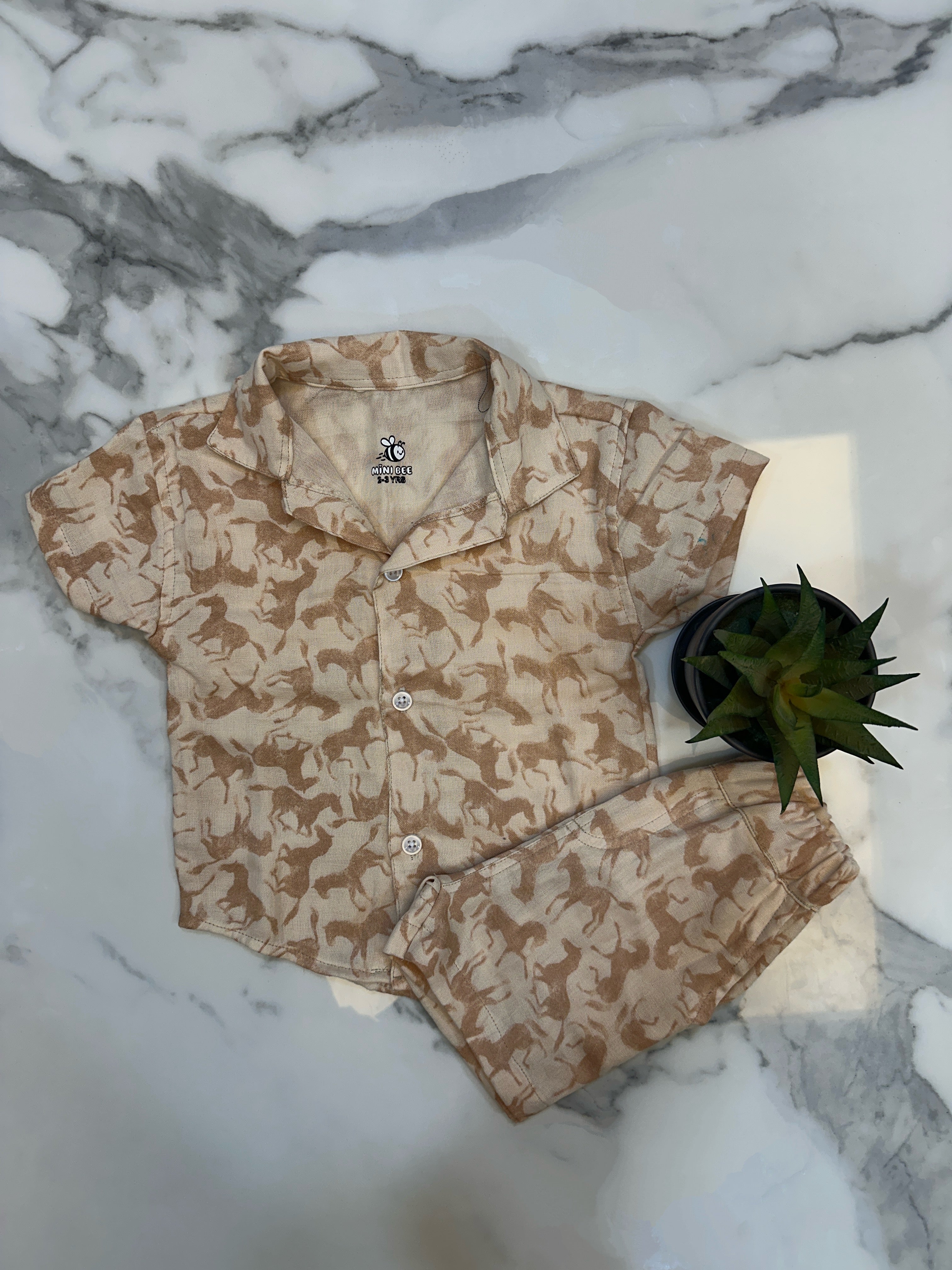 Tan Horse Print cotton shirt and short set