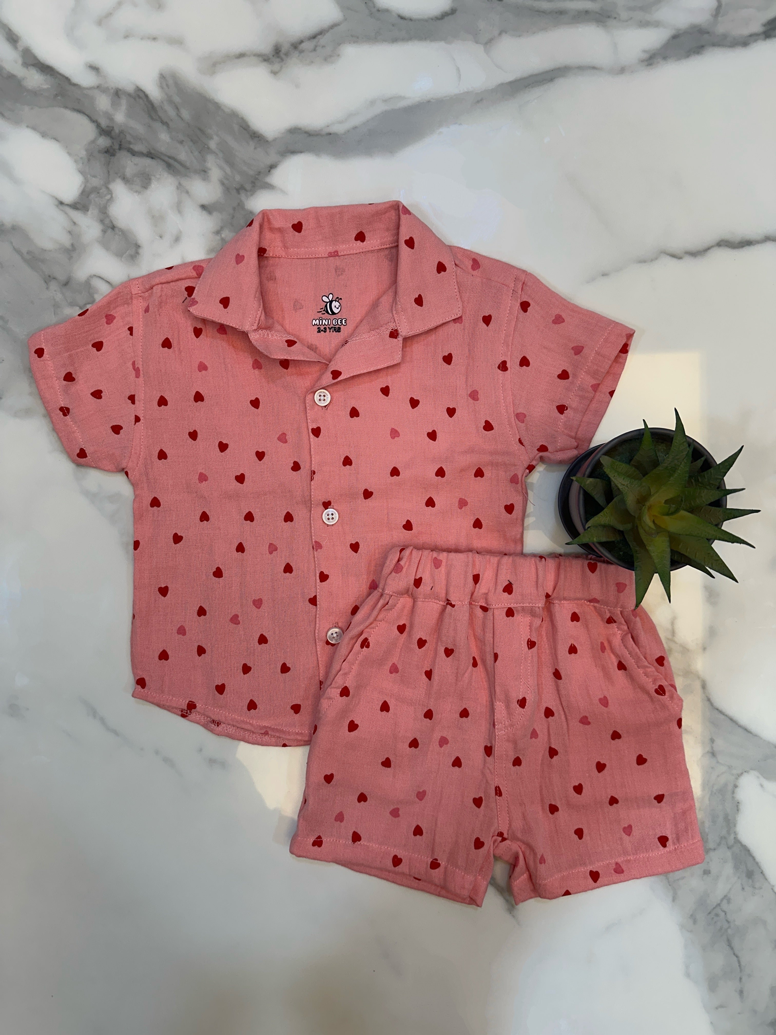 Pink Heart cotton shirt and short set