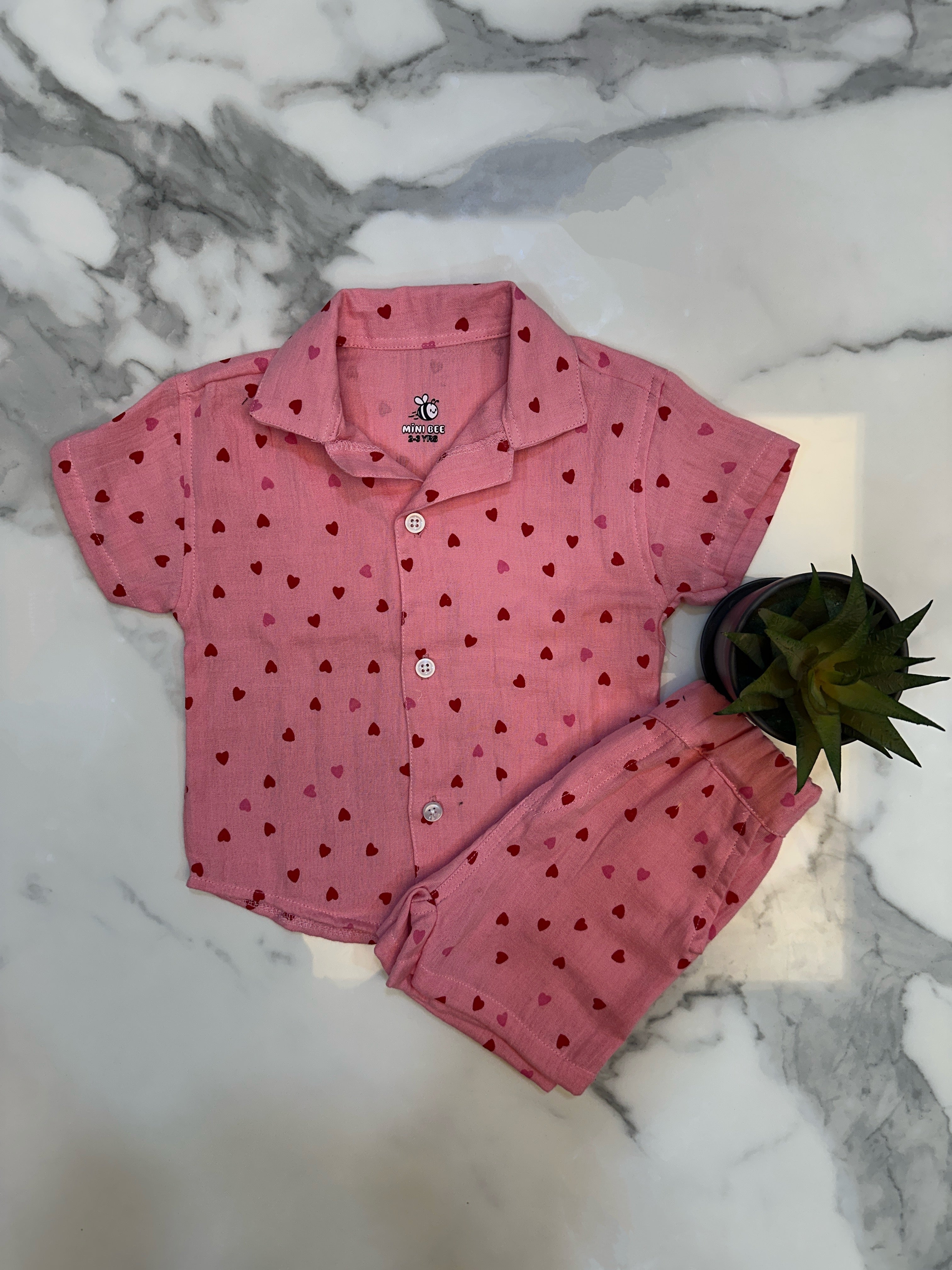 Pink Heart cotton shirt and short set