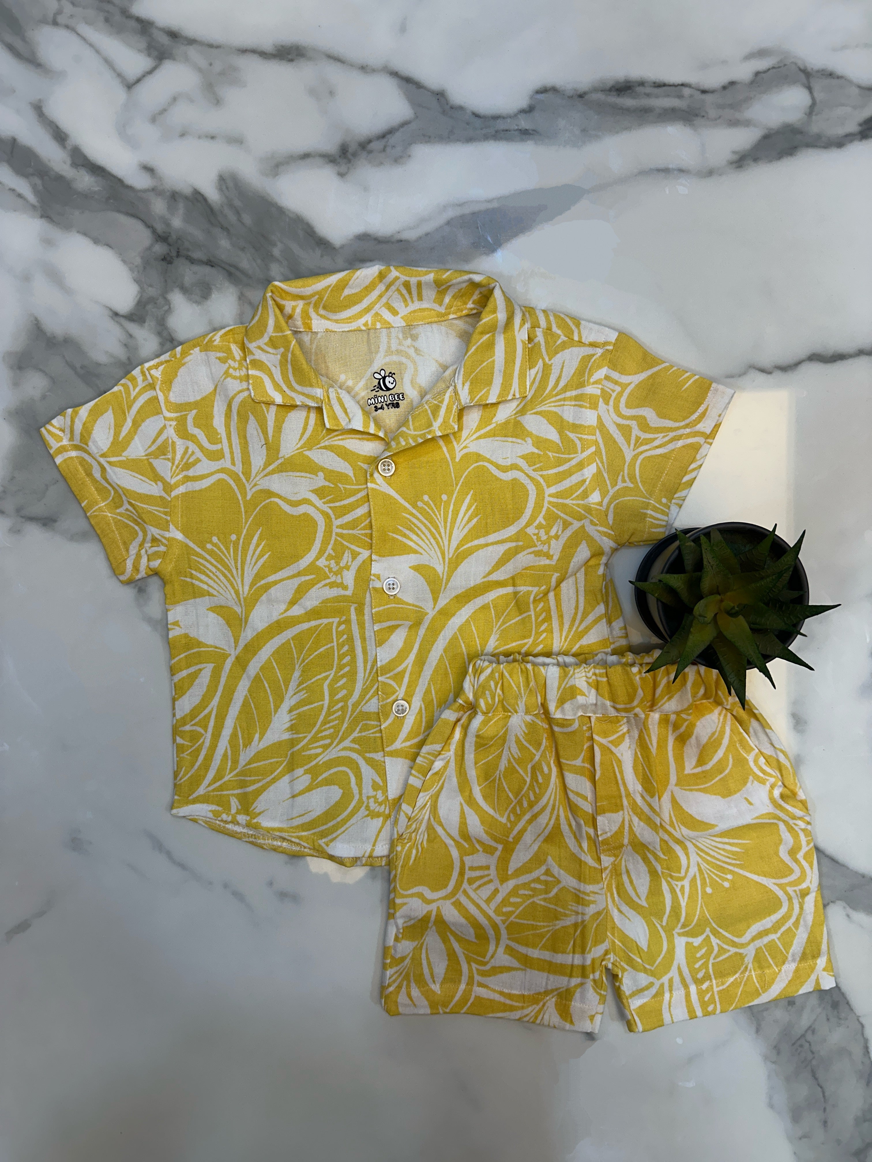Yellow Floral cotton shirt and short set