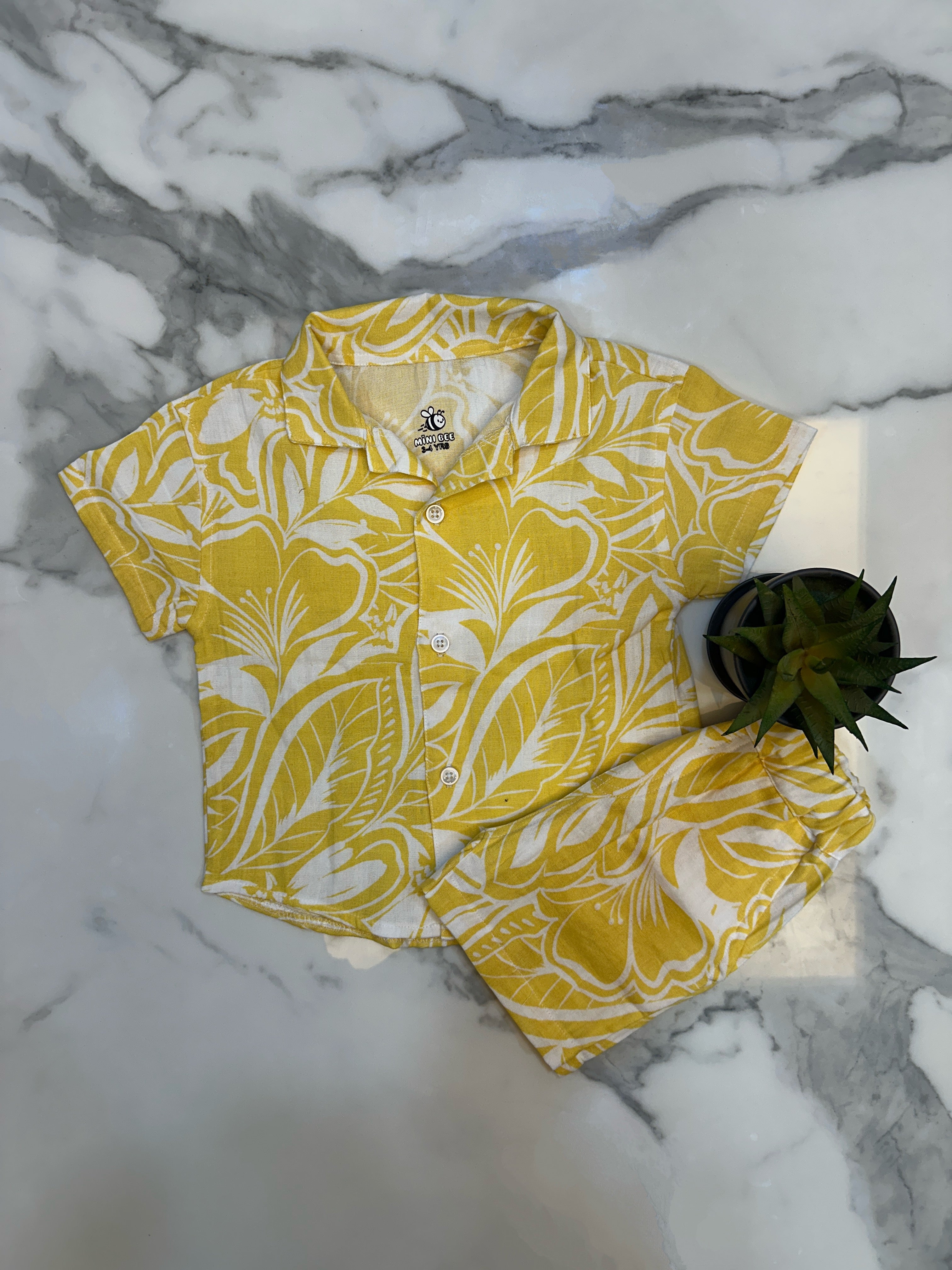 Yellow Floral cotton shirt and short set