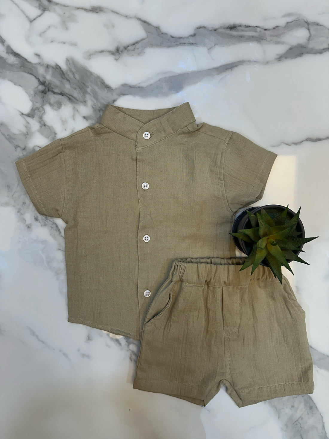 Solid khaki set cotton shirt and short set