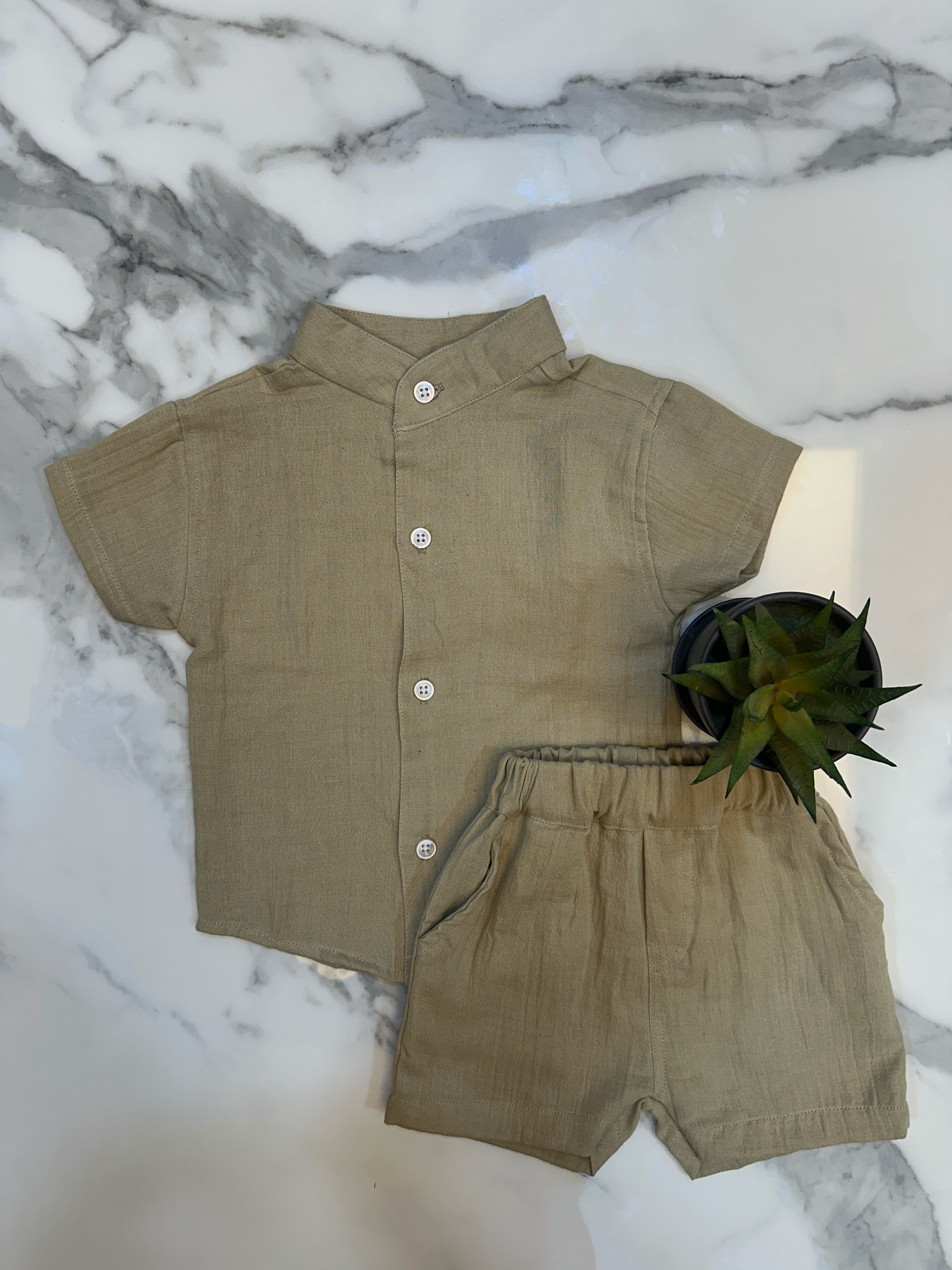 Solid khaki set cotton shirt and short set