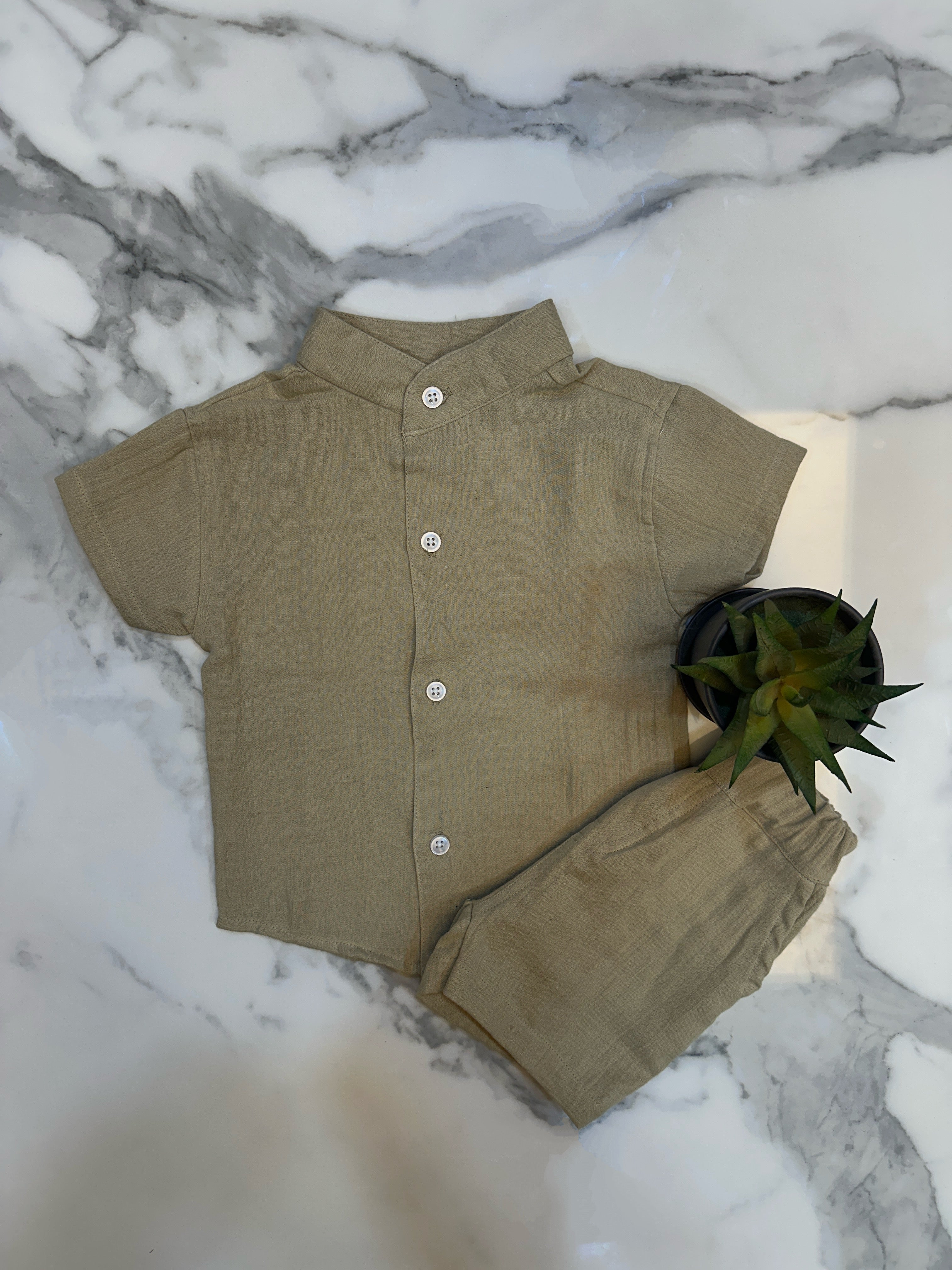Solid khaki set cotton shirt and short set